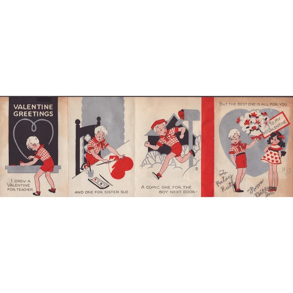 Vintage 1938 Folding Valentine Card Boy and Girl Illustrations 4-Panel VG-